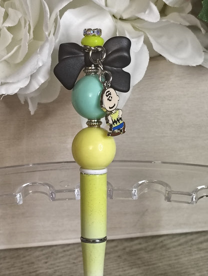 Charlie Brown Inspired | Bow Charm Beaded Pen | Yellow & Mint Statement Pen with Dangle Charm
