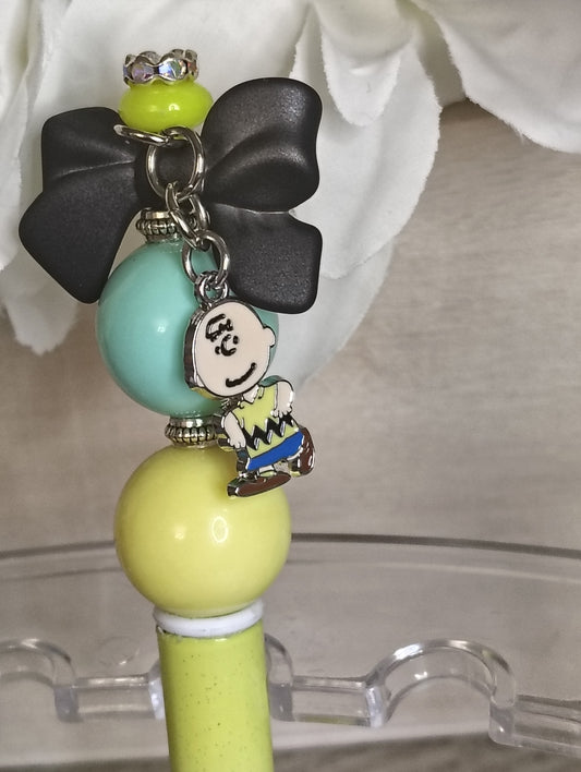 Charlie Brown Inspired | Bow Charm Beaded Pen | Yellow & Mint Statement Pen with Dangle Charm