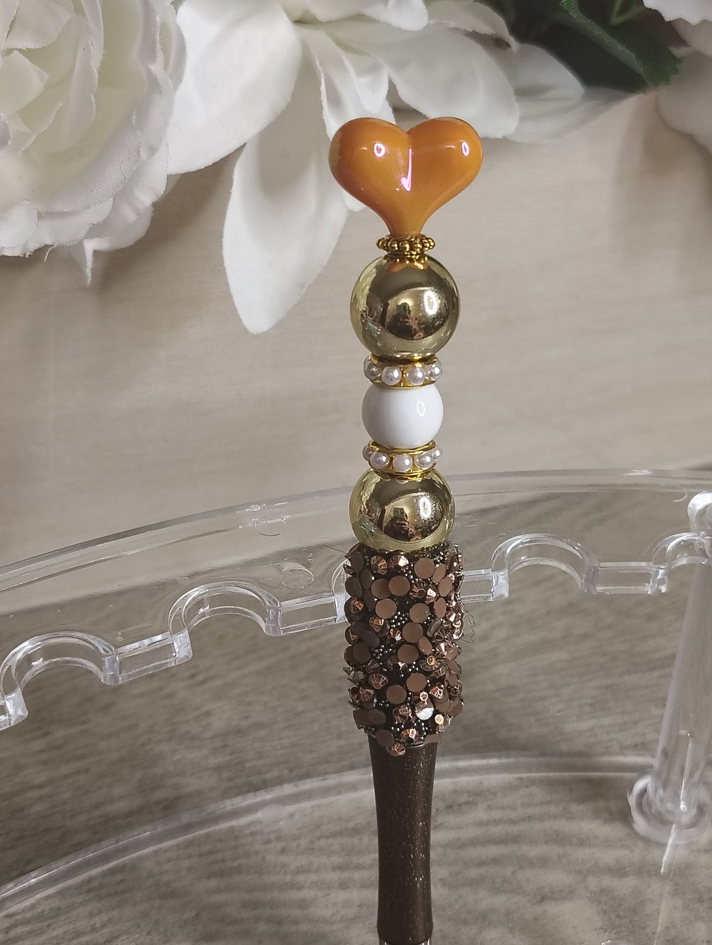 Golden Heart Beaded Pen | Bronze & Gold Glam Handmade Pen