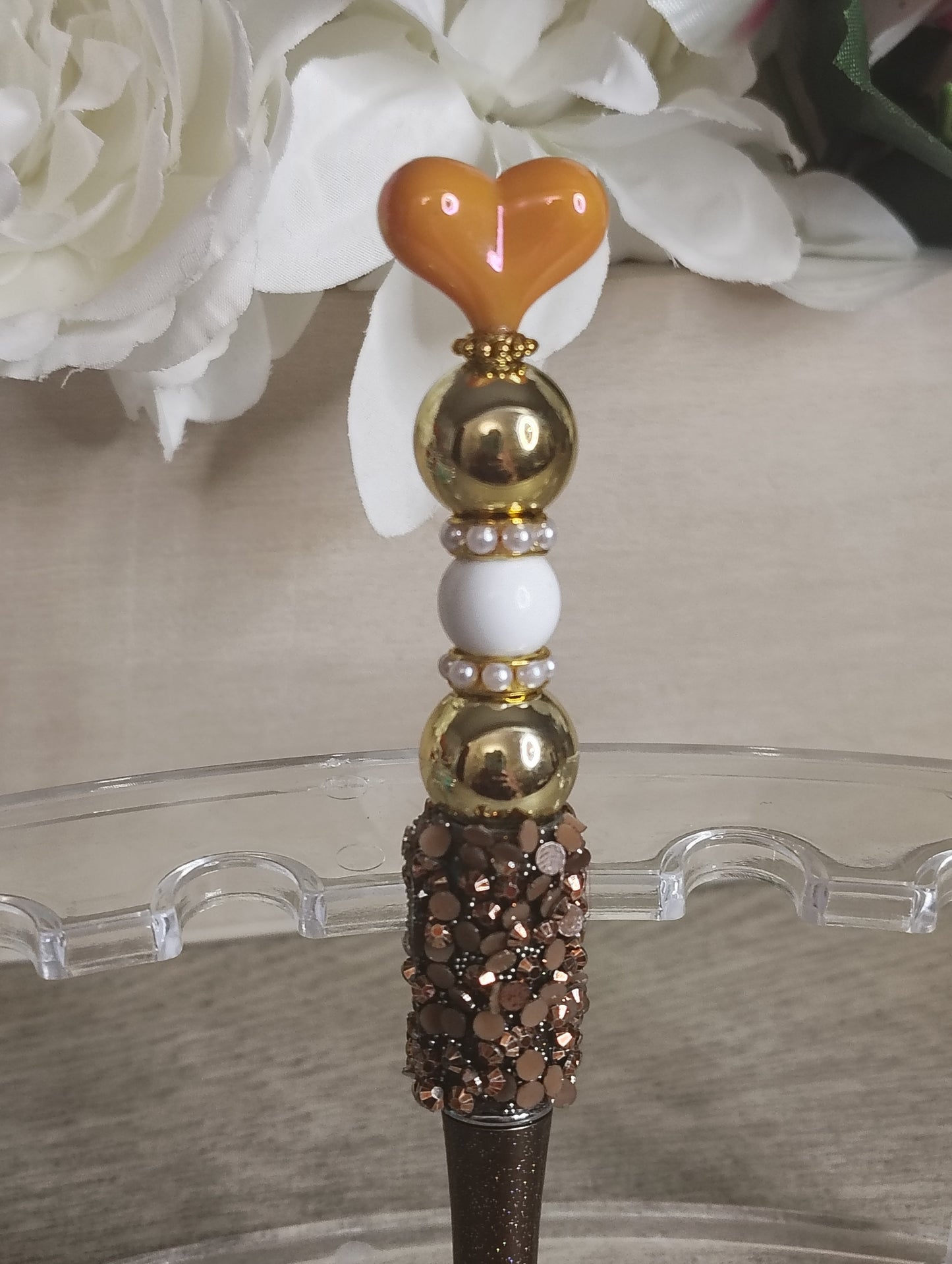 Golden Heart Beaded Pen | Bronze & Gold Glam Handmade Pen