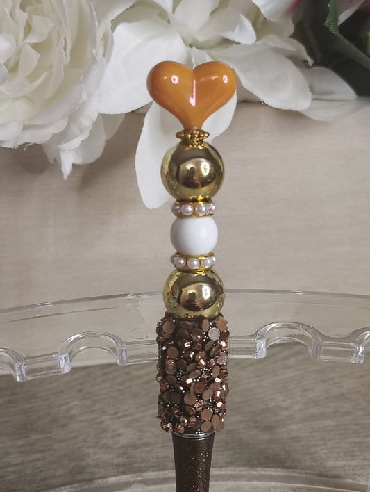 Golden Heart Beaded Pen | Bronze & Gold Glam Handmade Pen