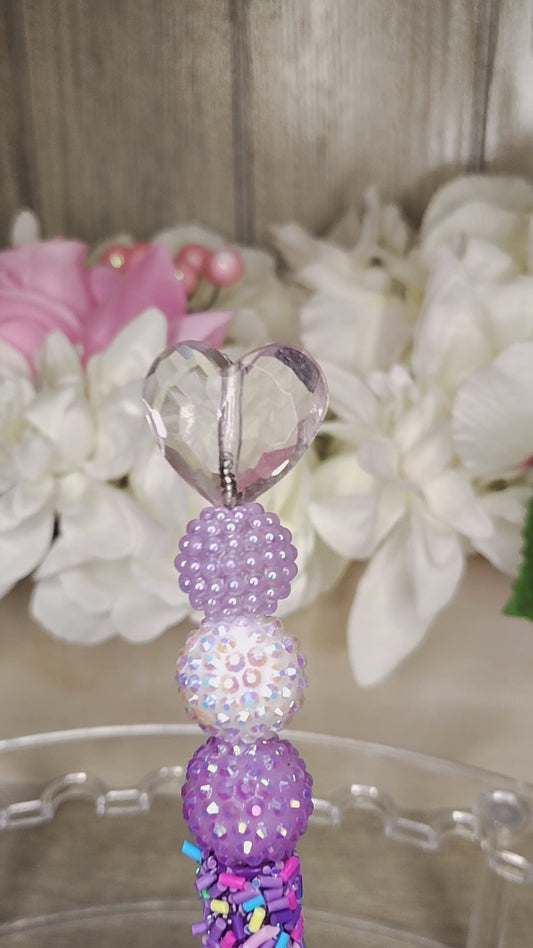 Purple Heart Gem Beaded Pen | Sparkly Sprinkle Grip Writing Pen