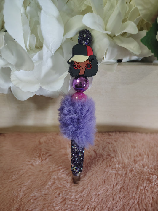 Purple Diva Handmade Beaded Pom Pom Pen